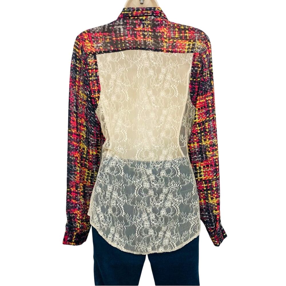 Wet Seal 90s Y2k Multi Color Lace Blouse Long Sleeve Button Front Lace Back